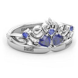 Engravable Double Heart Gemstone Tiara Ring with Accents