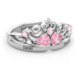 Engravable Double Heart Gemstone Tiara Ring with Accents