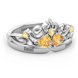 Engravable Double Heart Gemstone Tiara Ring with Accents