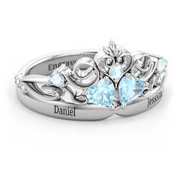 Engravable Double Heart Gemstone Tiara Ring with Accents