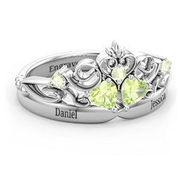 Engravable Double Heart Gemstone Tiara Ring with Accents