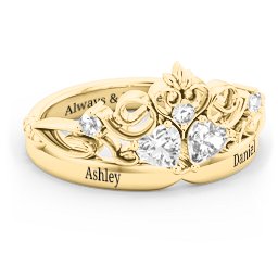 Engravable Double Heart Gemstone Tiara Ring with Accents