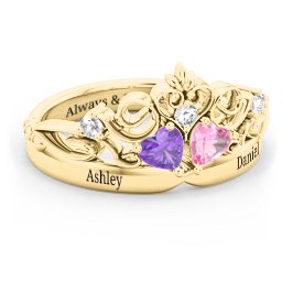 Engravable Double Heart Gemstone Tiara Ring with Accents