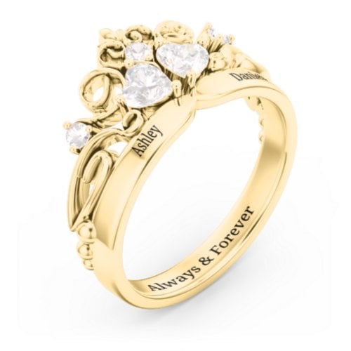 Engravable Double Heart Gemstone Tiara Ring with Accents – 10K Yellow Gold with Diamond and Cubic Zirconia