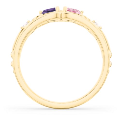 Engravable Double Heart Gemstone Tiara Ring with Accents – 14K Yellow Gold with Amethyst, Pink Tourmaline, and Cubic Zirconia