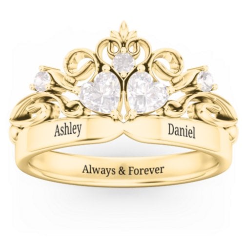 Engravable Double Heart Gemstone Tiara Ring with Accents – 10K Yellow Gold with Diamond and Cubic Zirconia