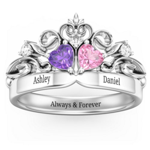 Engravable Double Heart Gemstone Tiara Ring with Accents