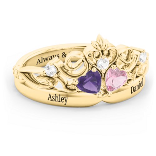 Engravable Double Heart Gemstone Tiara Ring with Accents – 14K Yellow Gold with Amethyst, Pink Tourmaline, and Cubic Zirconia