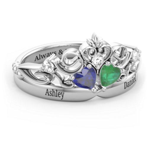 Engravable Double Heart Gemstone Tiara Ring with Accents