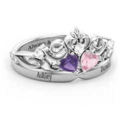 Engravable Double Heart Gemstone Tiara Ring with Accents – Sterling Silver with Amethyst, Pink Tourmaline, and Cubic Zirconia