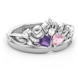 Engravable Double Heart Gemstone Tiara Ring with Accents in 925 Sterling Silver with Amethyst, Pink Tourmaline, and Cubic Zirconia