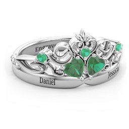 Engravable Double Heart Gemstone Tiara Ring with Accents in 925 Sterling Silver with Emerald