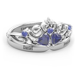 Engravable Double Heart Gemstone Tiara Ring with Accents in 925 Sterling Silver with Blue Sapphire