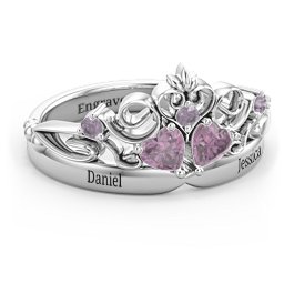 Engravable Double Heart Gemstone Tiara Ring with Accents in 925 Sterling Silver with Alexandrite