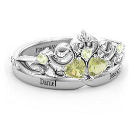 Engravable Double Heart Gemstone Tiara Ring with Accents in 925 Sterling Silver with Peridot