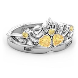 Engravable Double Heart Gemstone Tiara Ring with Accents in 925 Sterling Silver with Citrine