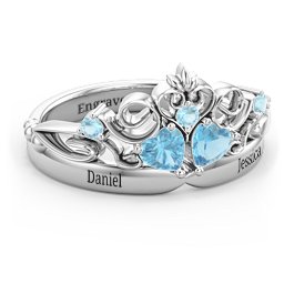 Engravable Double Heart Gemstone Tiara Ring with Accents in 925 Sterling Silver with Blue Topaz