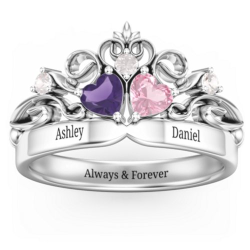 Engravable Double Heart Gemstone Tiara Ring with Accents – Sterling Silver with Amethyst, Pink Tourmaline, and Cubic Zirconia