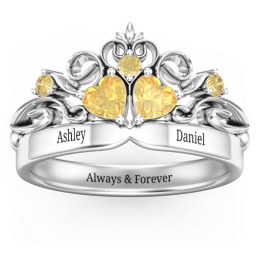 Engravable Double Heart Gemstone Tiara Ring with Accents – Sterling Silver with Citrine