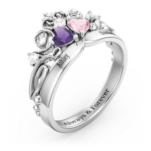 Engravable Double Heart Gemstone Tiara Ring with Accents – 10K White Gold with Amethyst, Pink Tourmaline, and Cubic Zirconia