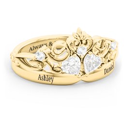 Engravable Double Heart Gemstone Tiara Ring with Accents in 10K Solid Yellow Gold with Diamond and Cubic Zirconia
