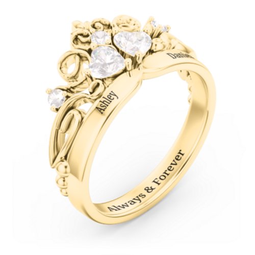 Engravable Double Heart Gemstone Tiara Ring with Accents – 10K Yellow Gold with Diamond and Cubic Zirconia