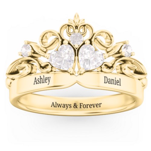Engravable Double Heart Gemstone Tiara Ring with Accents – 10K Yellow Gold with Diamond and Cubic Zirconia