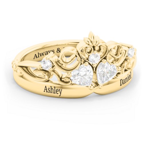 Engravable Double Heart Gemstone Tiara Ring with Accents – 10K Yellow Gold with Diamond and Cubic Zirconia