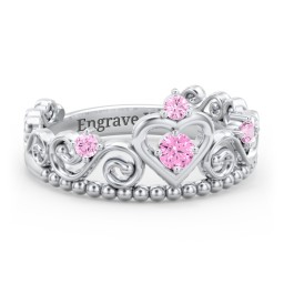Multi Gemstone Tiara Ring with Scroll and Bead Detailing in 925 Sterling Silver with Pink Sapphire