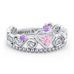 Multi Gemstone Tiara Ring with Scroll and Bead Detailing – Sterling Silver with Pink Tourmaline, Amethyst, and Cubic Zirconia