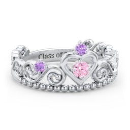 Multi Gemstone Tiara Ring with Scroll and Bead Detailing in 925 Sterling Silver with Pink Tourmaline, Amethyst, and Cubic Zirconia