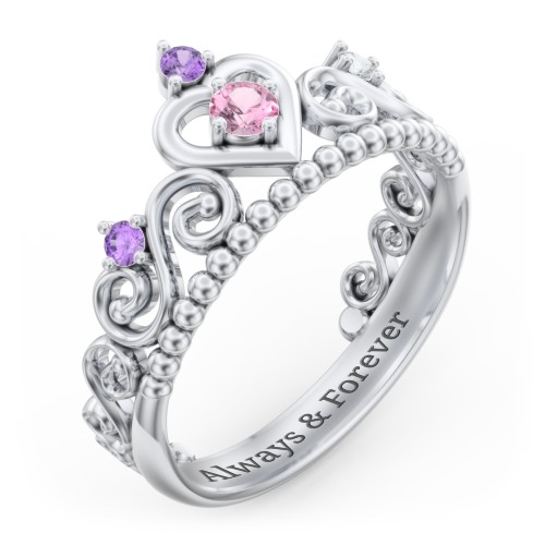 Multi Gemstone Tiara Ring with Scroll and Bead Detailing – Sterling Silver with Pink Tourmaline, Amethyst, and Cubic Zirconia