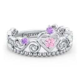 Multi Gemstone Tiara Ring with Scroll and Bead Detailing in 10K Solid White Gold with Pink Tourmaline, Amethyst, and Cubic Zirconia
