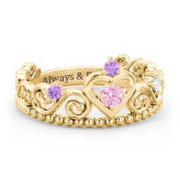 Multi Gemstone Tiara Ring with Scroll and Bead Detailing in 10K Solid Yellow Gold with Pink Tourmaline, Amethyst, and Cubic Zirconia