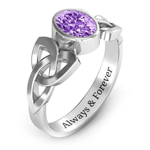 Trinity Knot Ring With Bezel-Set Oval Stone – Sterling Silver with Amethyst