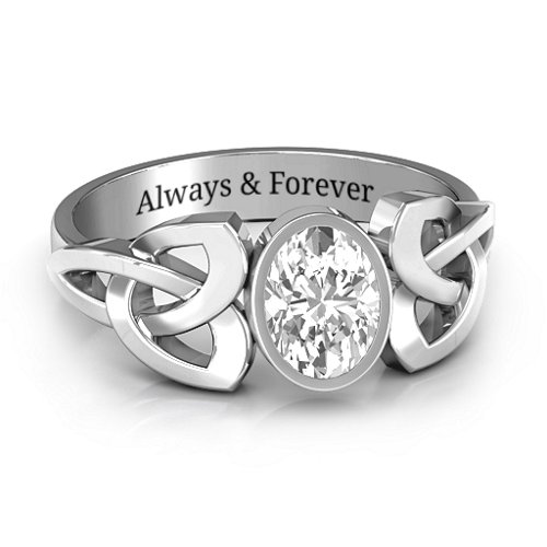 Trinity Knot Ring With Bezel-Set Oval Stone – Sterling Silver with White Premium Zirconia