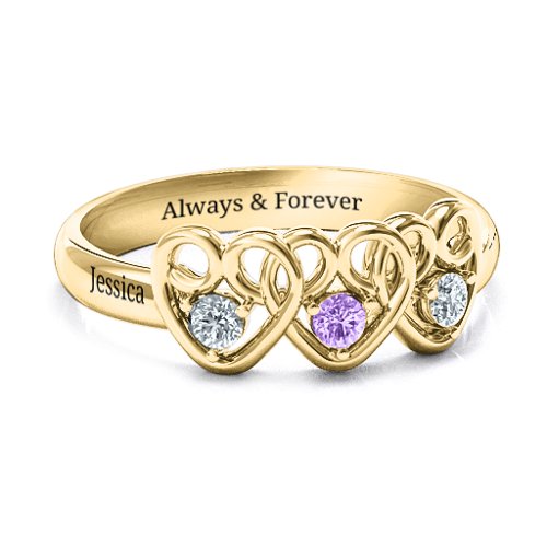 Three's Company Triple Heart Gemstone Ring – 14K Yellow Gold with Cubic Zirconia and Amethyst