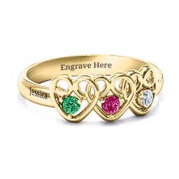Three's Company Triple Heart Gemstone Ring in 10K Solid Yellow Gold with Emerald, Ruby, and Cubic Zirconia
