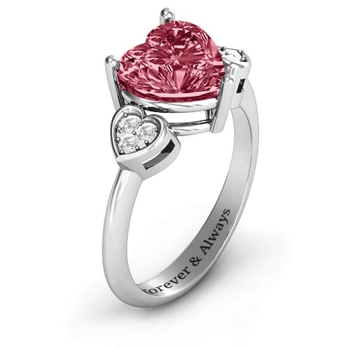 9mm Heart Brilliance Cubic Zirconia Ring with Heart-Set Accents – Sterling Silver with Red Premium Zirconia and White Premium Zirconia