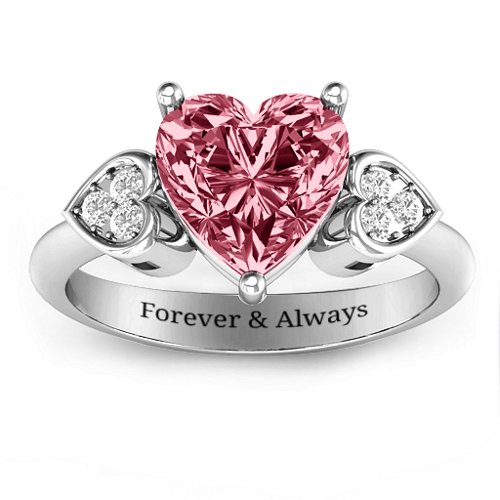 9mm Heart Brilliance Cubic Zirconia Ring with Heart-Set Accents – Sterling Silver with Red Premium Zirconia and White Premium Zirconia