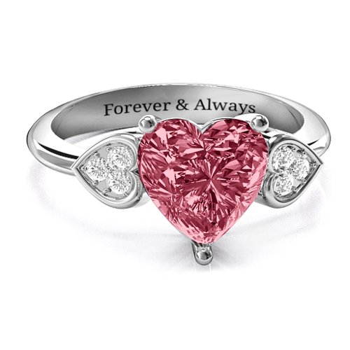 9mm Heart Brilliance Cubic Zirconia Ring with Heart-Set Accents – Sterling Silver with Red Premium Zirconia and White Premium Zirconia