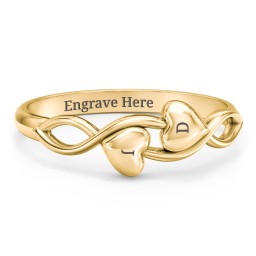 Engravable Initial Heart and Infinity Ring in 10K Solid Yellow Gold with Red Premium Zirconia, Amethyst Premium Zirconia, and Amethyst