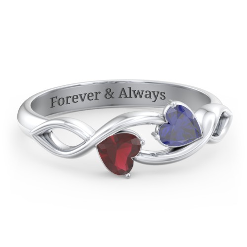Heavenly Hearts Ring with Heart Birthstones – Sterling Silver with Blue Sapphire and Garnet