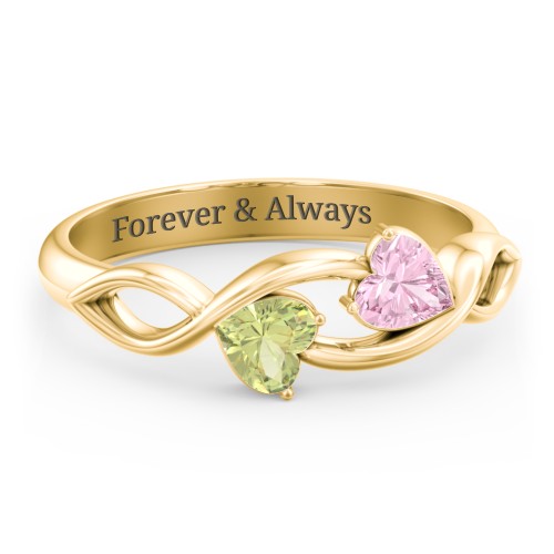 Heavenly Hearts Ring with Heart Birthstones – 10K Yellow Gold with Pink Tourmaline and Peridot