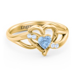 Infinity and Heart Birthstone Ring with Accents in 18K Gold Plated Silver with Blue Topaz and Fancy Blue Premium Zirconia