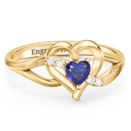 Infinity and Heart Birthstone Ring with Accents in 14K Solid Yellow Gold with Blue Sapphire and White Premium Zirconia