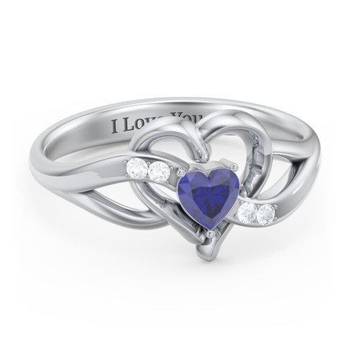Infinity and Heart Birthstone Ring with Accents – 10K White Gold with Blue Sapphire and White Premium Zirconia