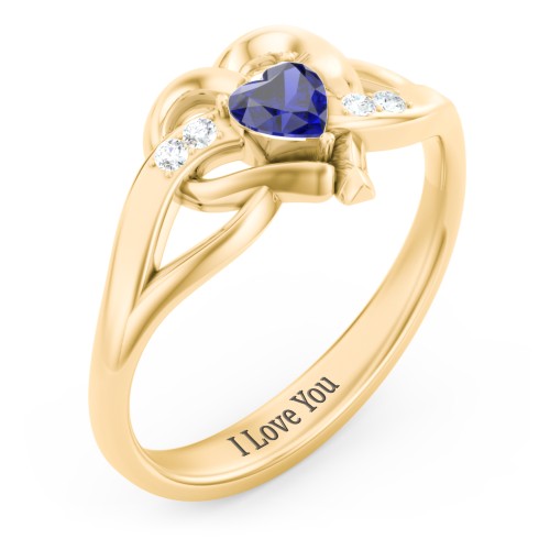 Infinity and Heart Birthstone Ring with Accents – 10K Yellow Gold with Blue Sapphire and White Premium Zirconia