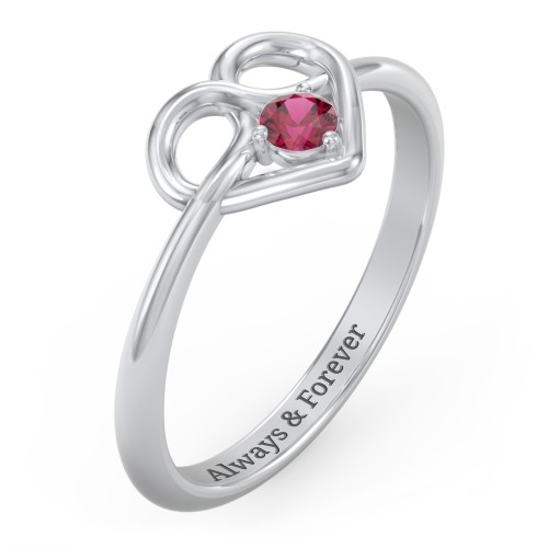 Forget Me Knot Heart Infinity Ring – 10K White Gold with Ruby