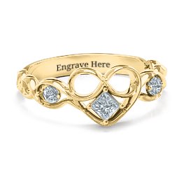 Shimmering Infinity Princess Stone Heart Ring in 10K Solid Yellow Gold with Cubic Zirconia